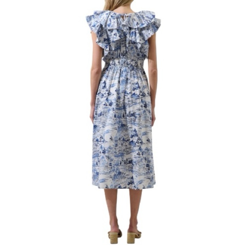 Sugarlips Francine Toile Sky Santana Tie Back Ruffle Midi Dress Blue White Sz M - Picture 7 of 8